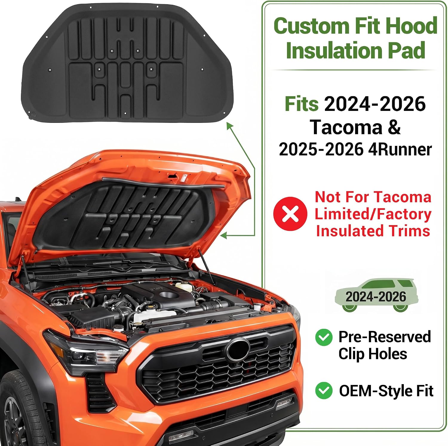 Soundproof Mat for 2024-2026 Toyota Tacoma & 2025-2026 4Runner Hood Insulation Liner Engine Sound Insulation Pad Hood Heat Shield for Tacoma/4 Runner Accessories